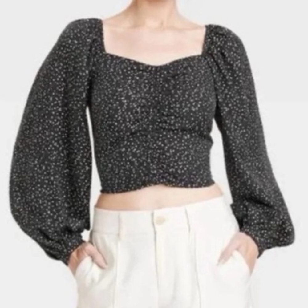 NWT a new day Black Polka Dot Balloon Sleeve Top Size Large